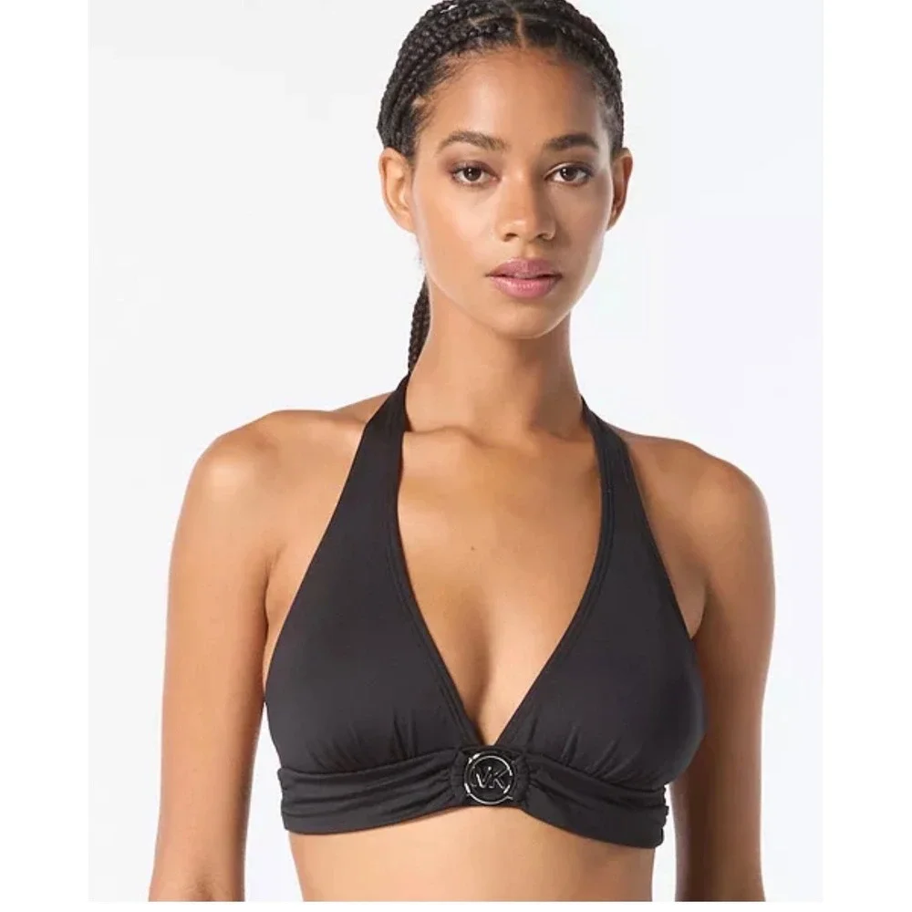 Michael Kors Bikini Top M Black NEW Halter Triangle Logo Ring MM5W275S